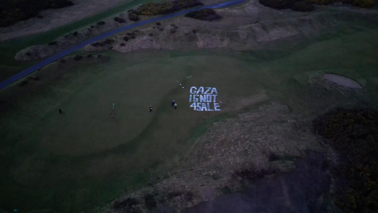 Video thumbnail for UK: Trump’s Scotland Golf Course Covered In Red Paint And ‘Gaza Is Not 4 Sale’ Graffiti.