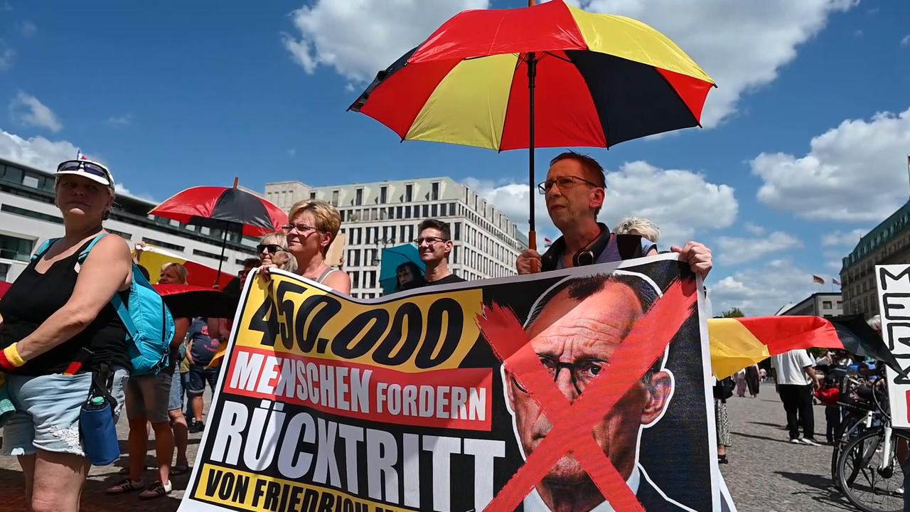 Video thumbnail for Germany: Berlin protesters demand resignation of German Chancellor Friedrich Merz.