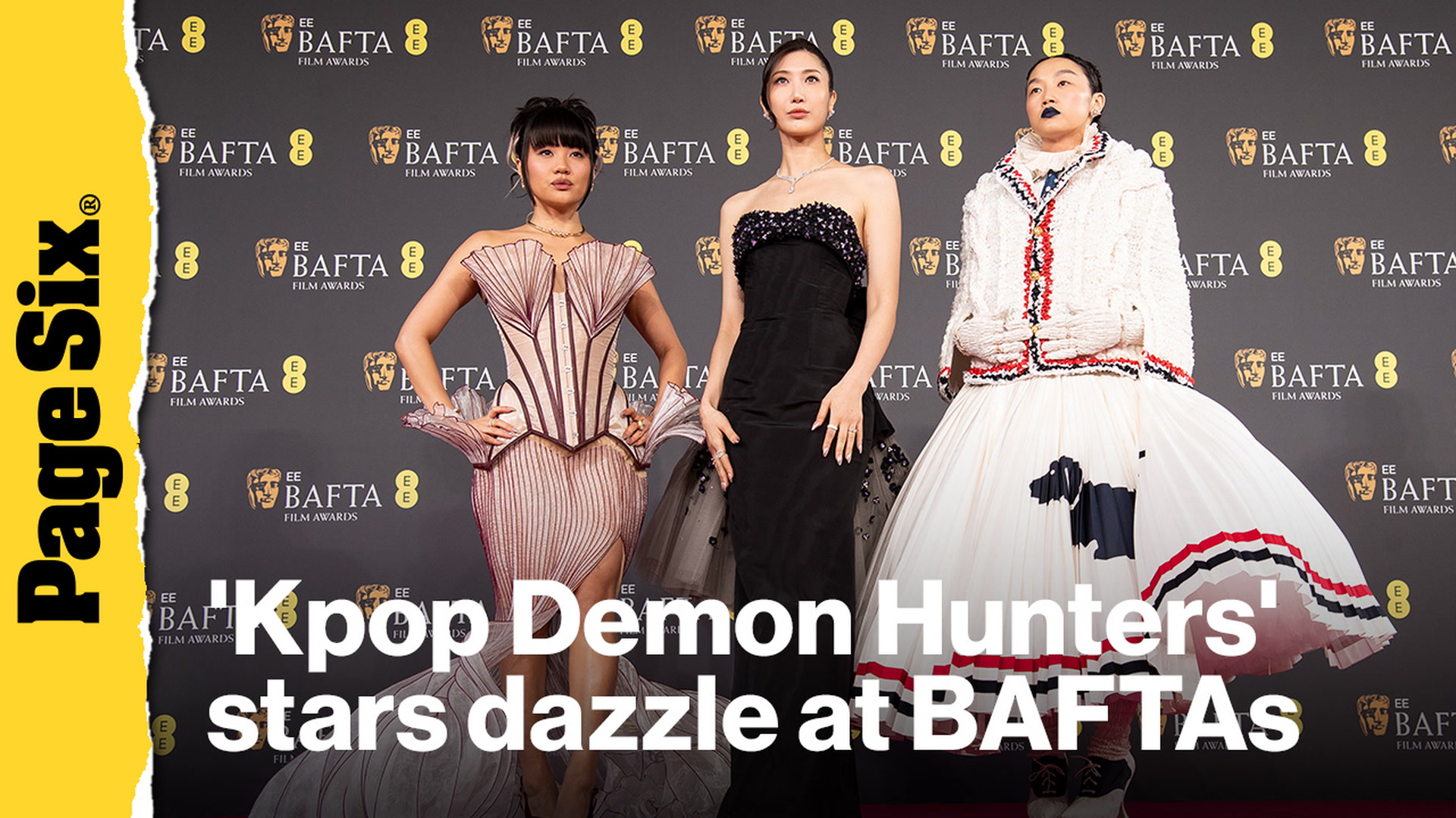 Video thumbnail for 'Kpop Demon Hunters' singers EJAE, Audrey Nuna, and Rei Ami dazzle at BAFTAs 2026
