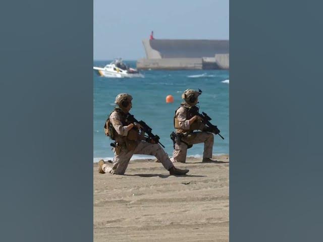 'Video thumbnail for Spanish navy storms Malaga beach in front of astonished tourists'