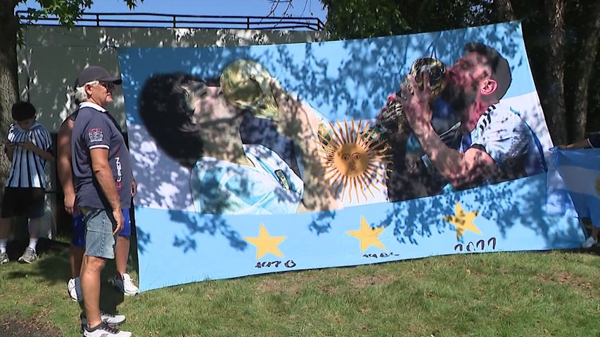 Video thumbnail for World Cup fever builds in New Jersey as fans gather outside team hotels ahead of final