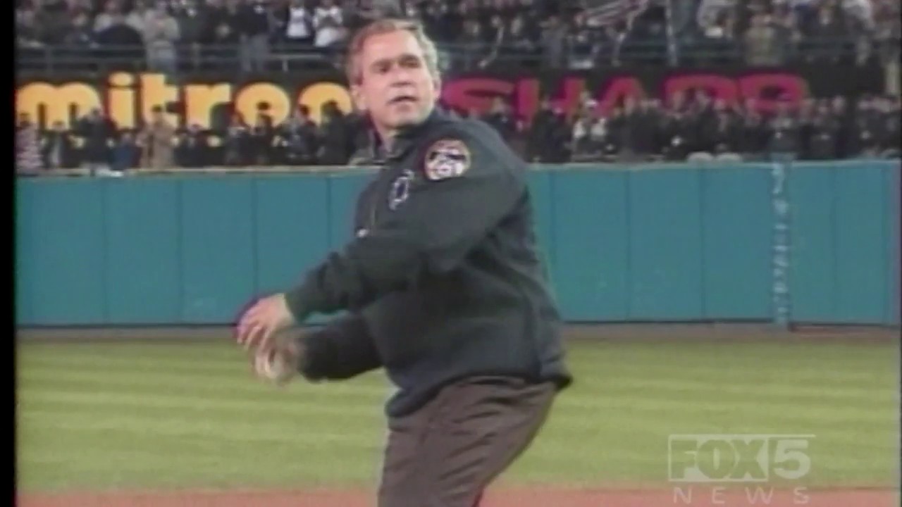 Video thumbnail for A look back: President George W. Bush first pitch during 2001 World Series