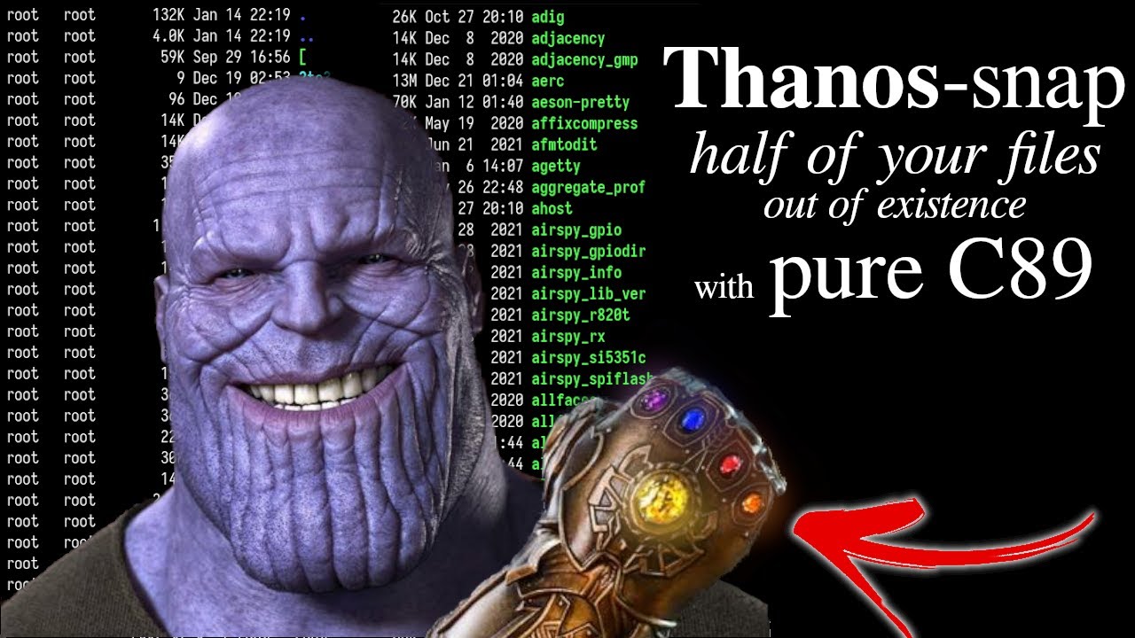 Video thumbnail for Thanos-snap half of your files out of existence with pure C89