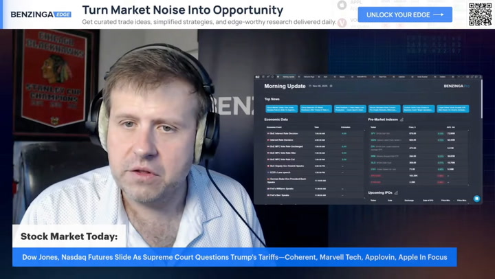 'Video thumbnail for Stock Market Today: Supreme Court Questions Trump's Tariffs—Coherent, Marvell Tech, Applovin, Apple In Focus'