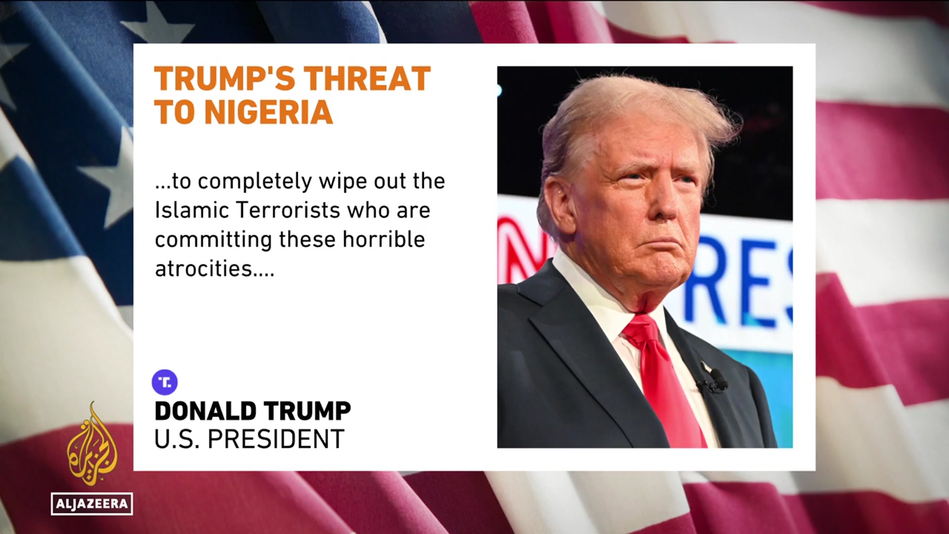 'Video thumbnail for Trump threatens to launch attacks in Nigeria over ‘killing of Christians’'