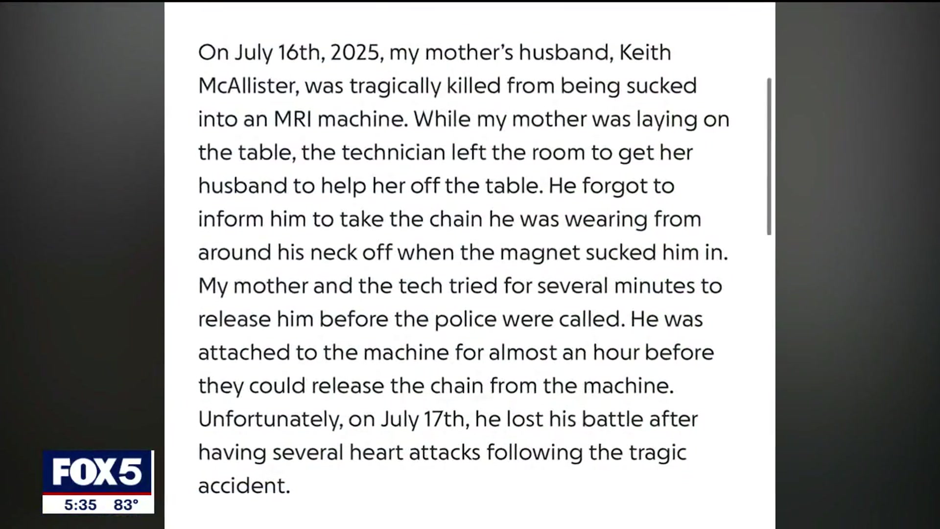 'Video thumbnail for Man dies after being pulled into MRI machine; Wife recalls what she saw'