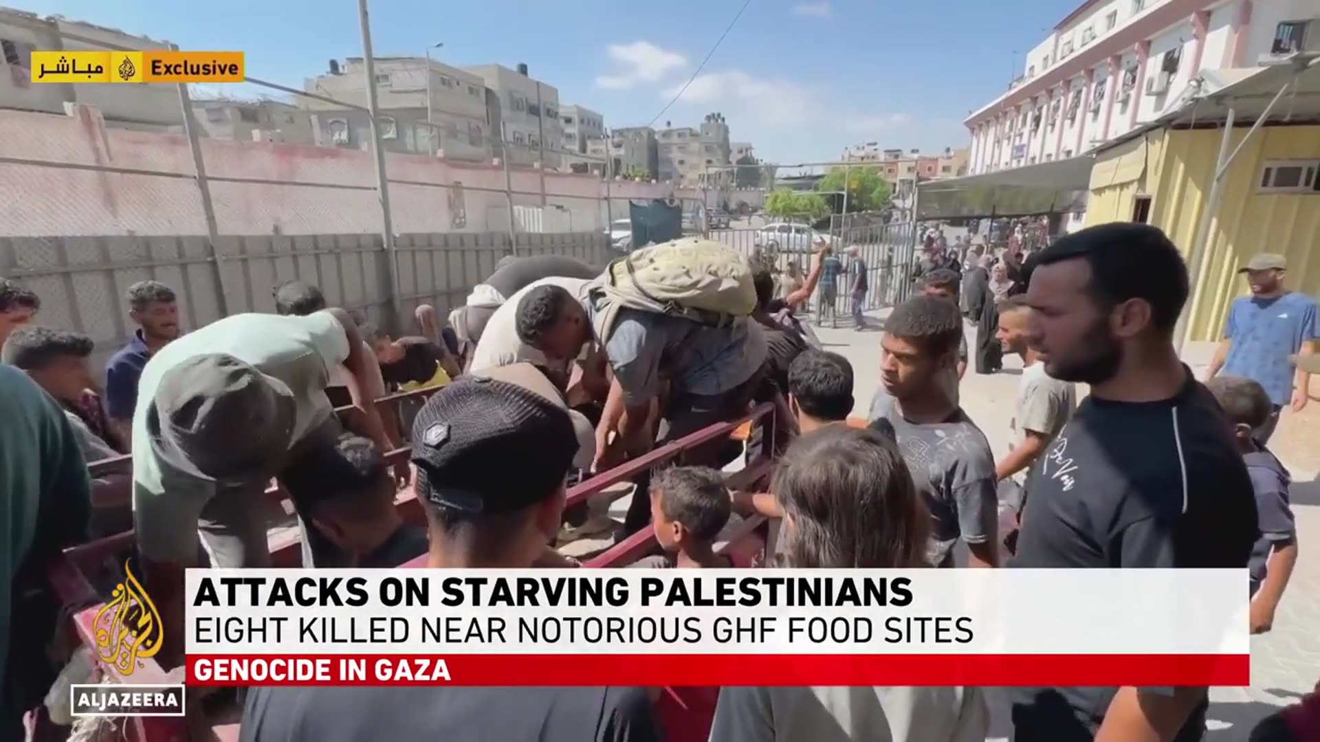 'Video thumbnail for Only one GHF site open in Gaza, forcing starving Palestinians to move south for aid'