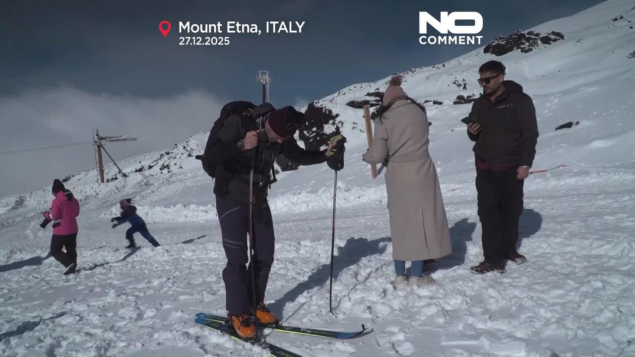 Video thumbnail for Mount Etna erupts as skiers enjoy spectacle on the slopes