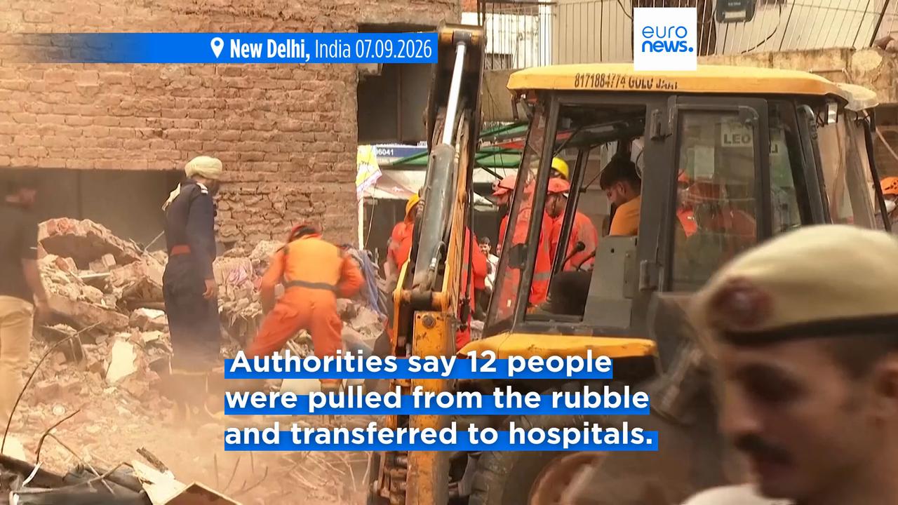 Video thumbnail for Rescuers search rubble for survivors after New Delhi hostel collapse kills seven