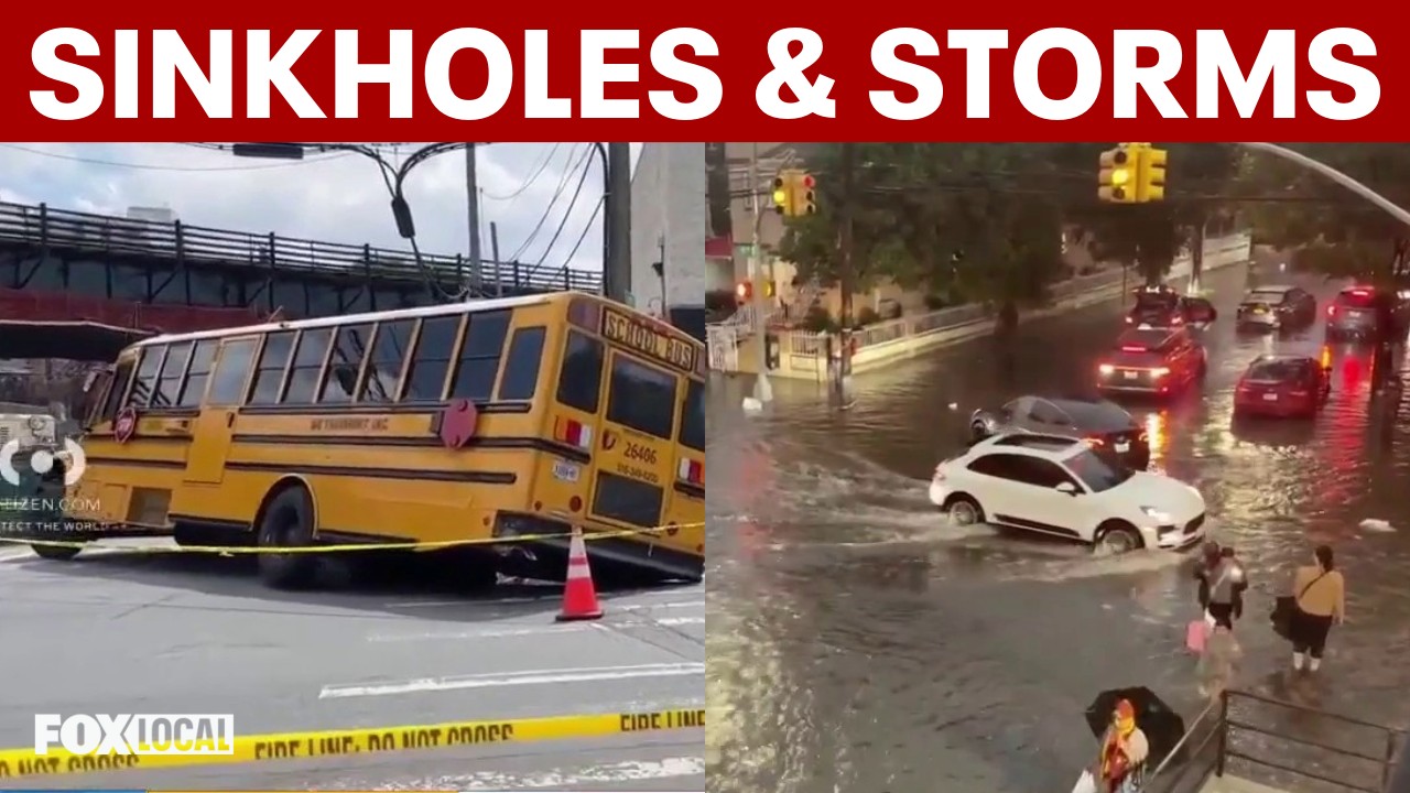 Video thumbnail for Storms flood Queens streets as sinkhole swallows school bus in the Bronx