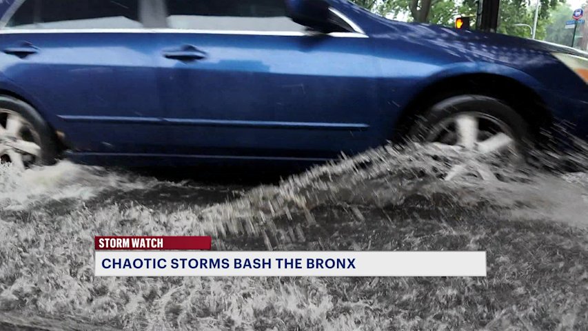 Video thumbnail for Heavy rain leaves flooded roadways, submerged sidewalks across the Bronx