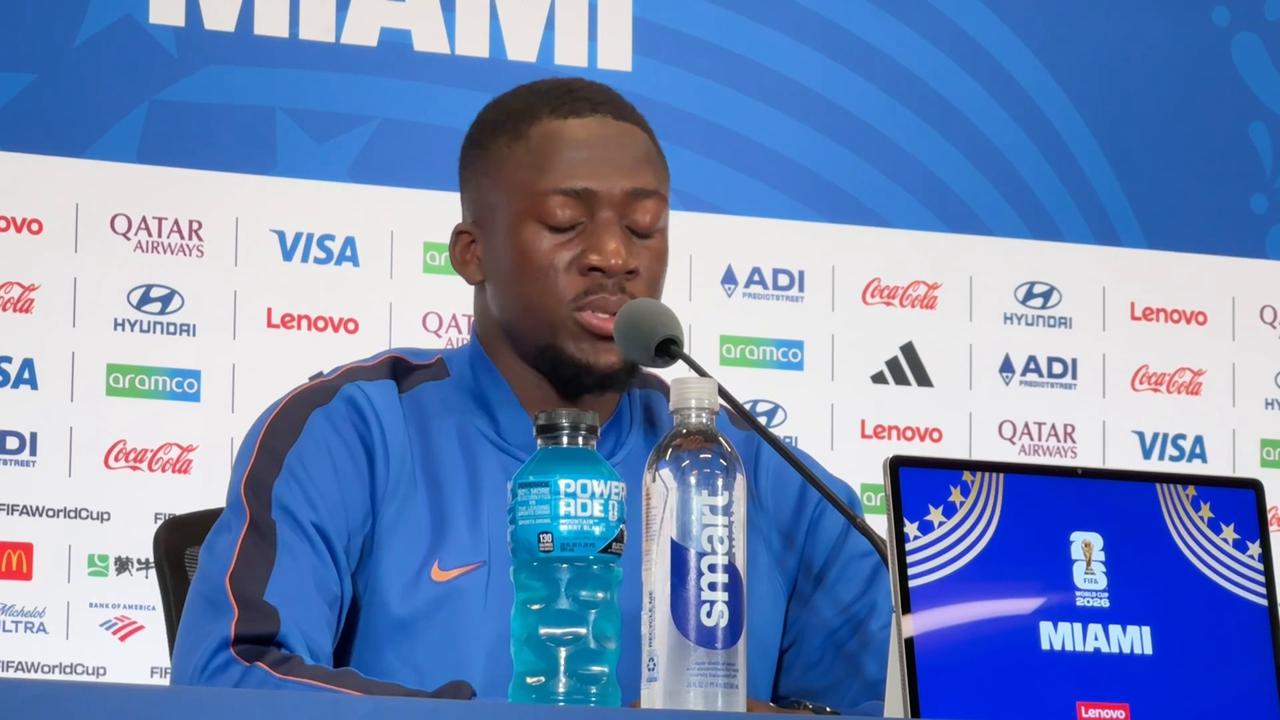 Video thumbnail for US: France defender Ibrahima Konate holds press conference ahead of World Cup third-place playoff against England (2).
