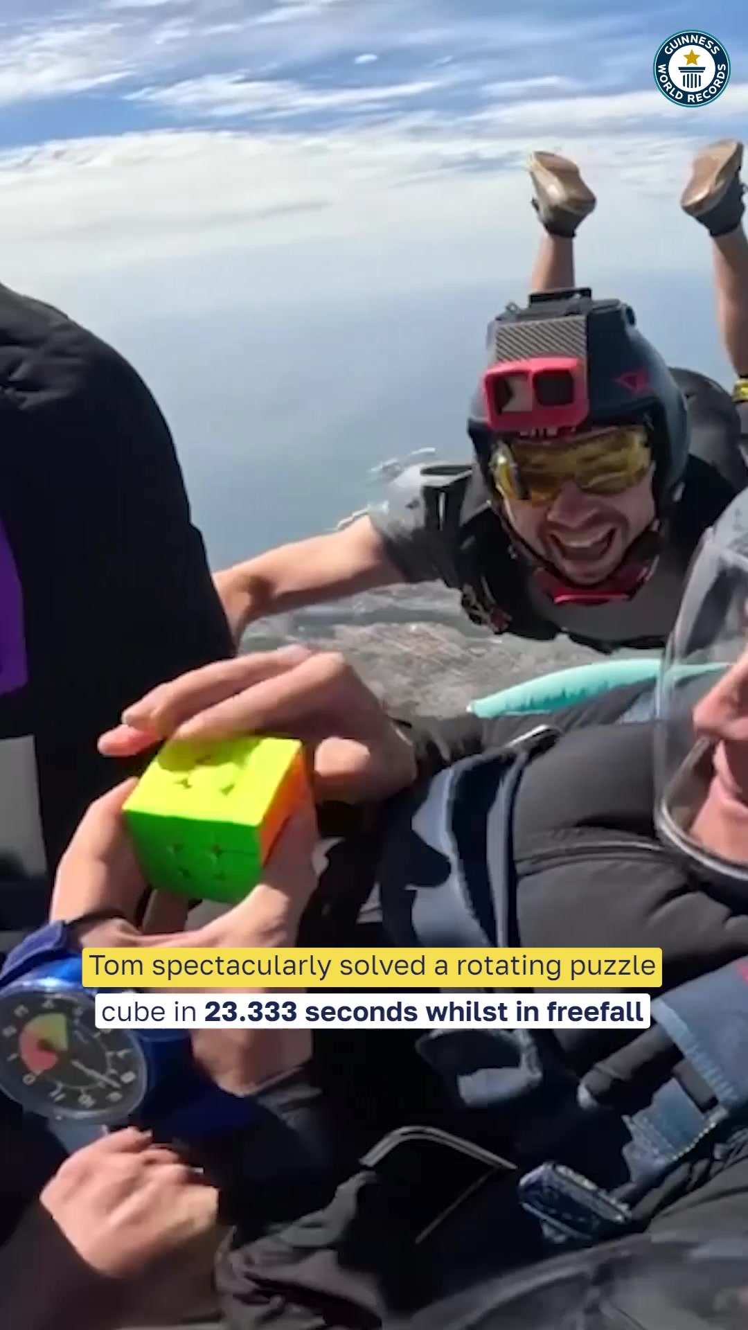 Video thumbnail for Fastest time to solve a rotating puzzle cube whilst in freefall  22.3 seconds by Tom Kopke