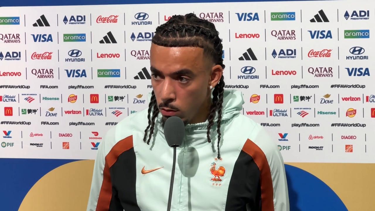 Video thumbnail for US: France player Malo Gusto holds press conference after World Cup third-place match against England.
