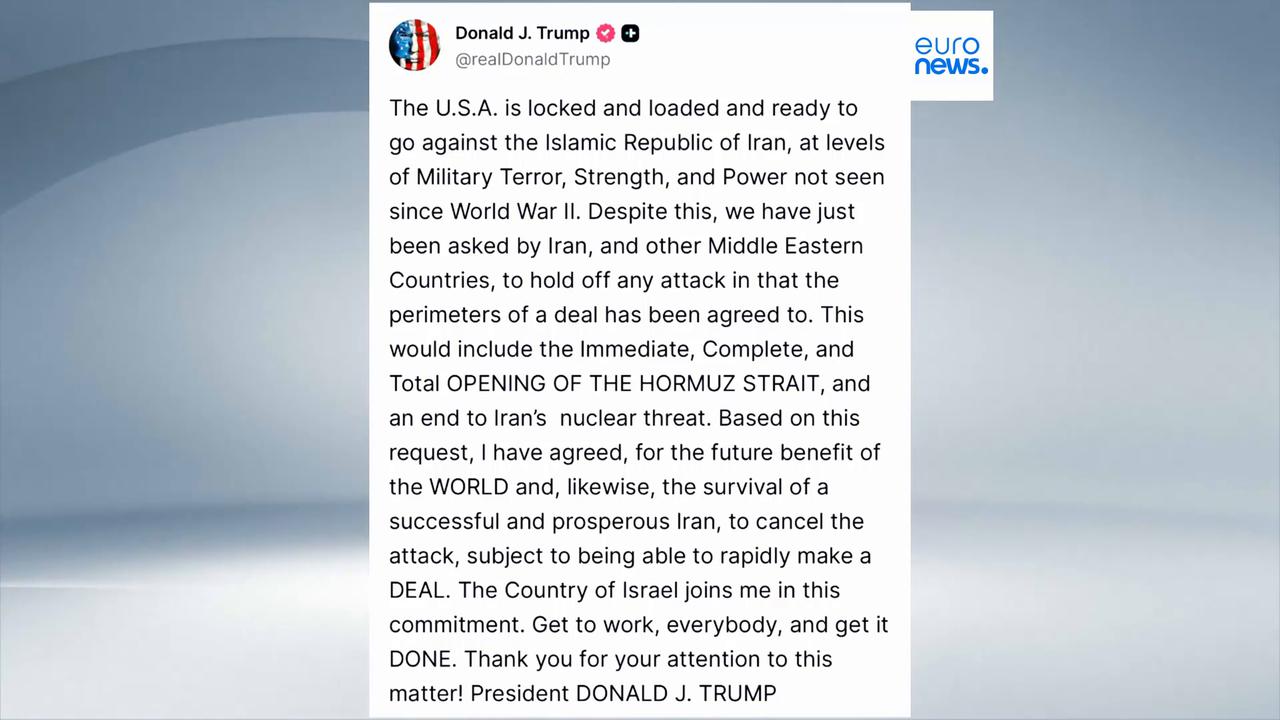 Video thumbnail for Trump says he's cancelling strikes on Iran as 'perimeters of a deal' agreed