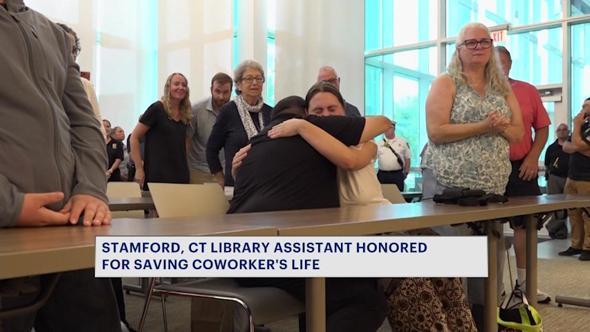 Video thumbnail for 'Lifesaver.' Stamford library assistant honored by police for saving coworker's life
