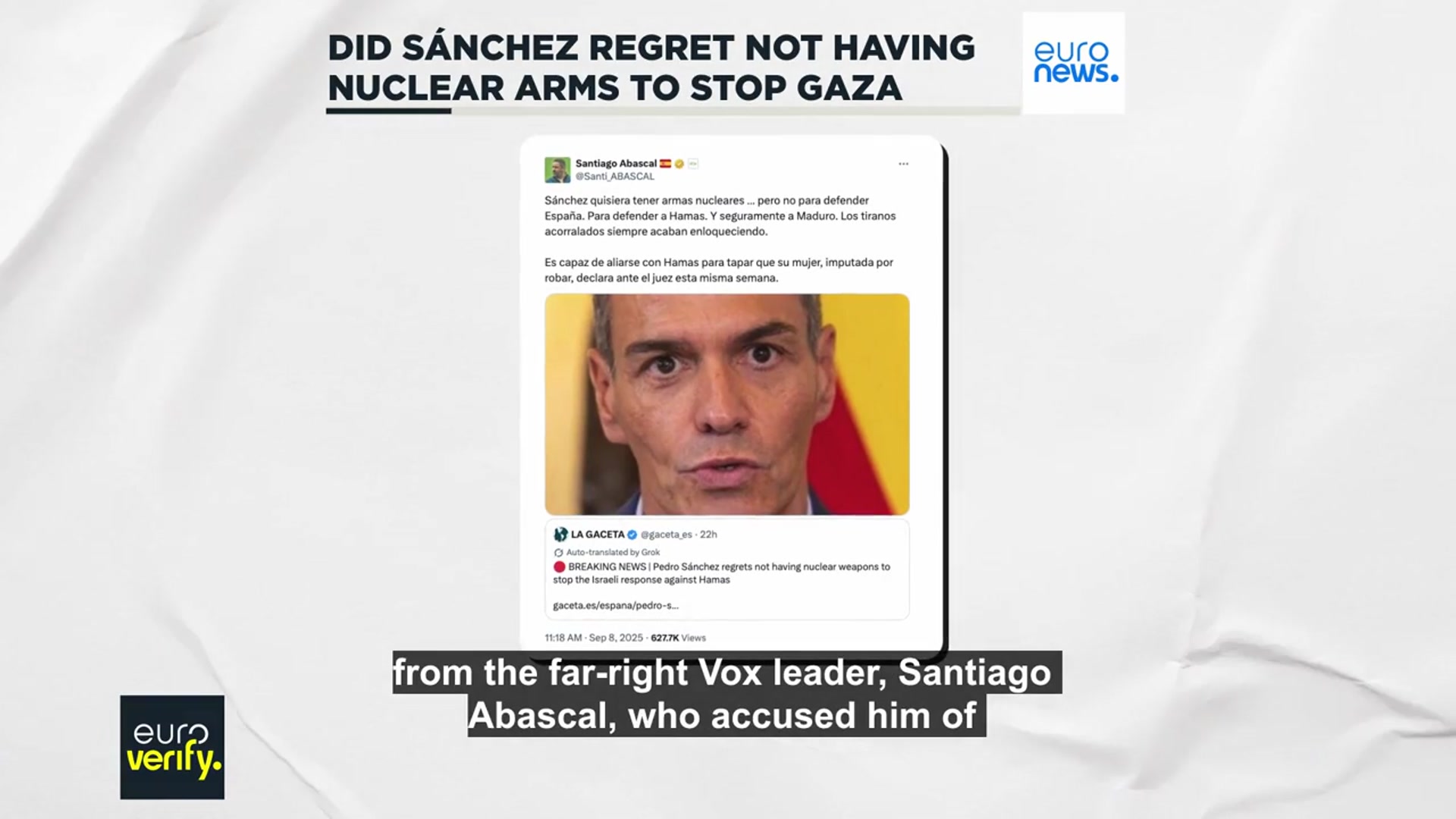 'Video thumbnail for Did Pedro Sánchez ‘regret’ not having ‘nuclear bombs’ to stop the war in Gaza?'