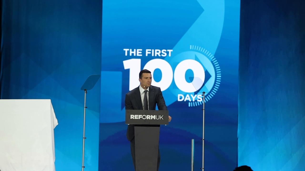 Video thumbnail for UK: France's National Rally leader Bardella addresses Reform UK conference in Birmingham.