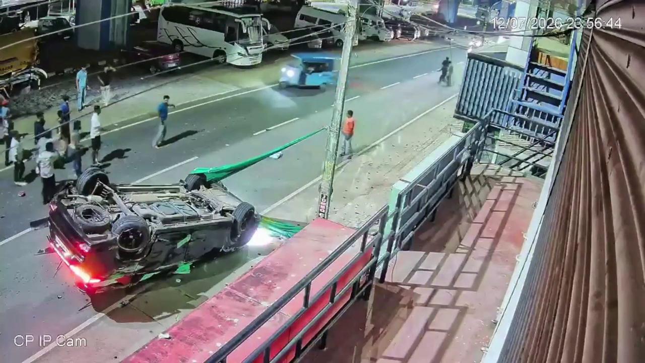 Video thumbnail for India: Horrific car crash in Kerala: SUV flips over and skids a long distance.