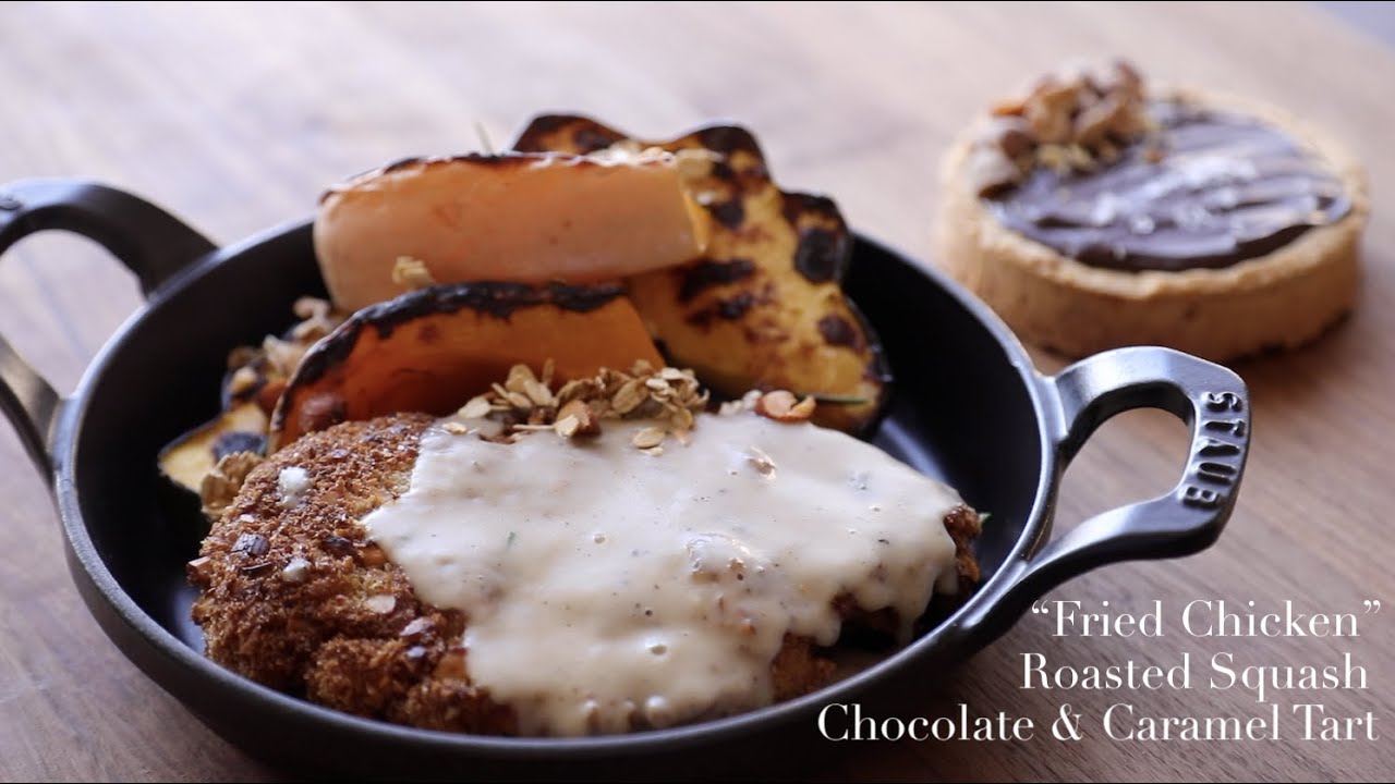 Video thumbnail for "Fried Chicken", Roasted Squash, & Chocolate Caramel Tart (Sriracha and Wasabi & Soy Sauce almonds)