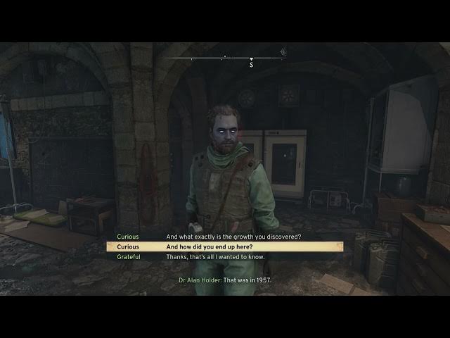 Video thumbnail for Atomfall - Dr Holder: Return To Alan Holder with Sample One (Give) Lead Resolved "What Is Oberon?"