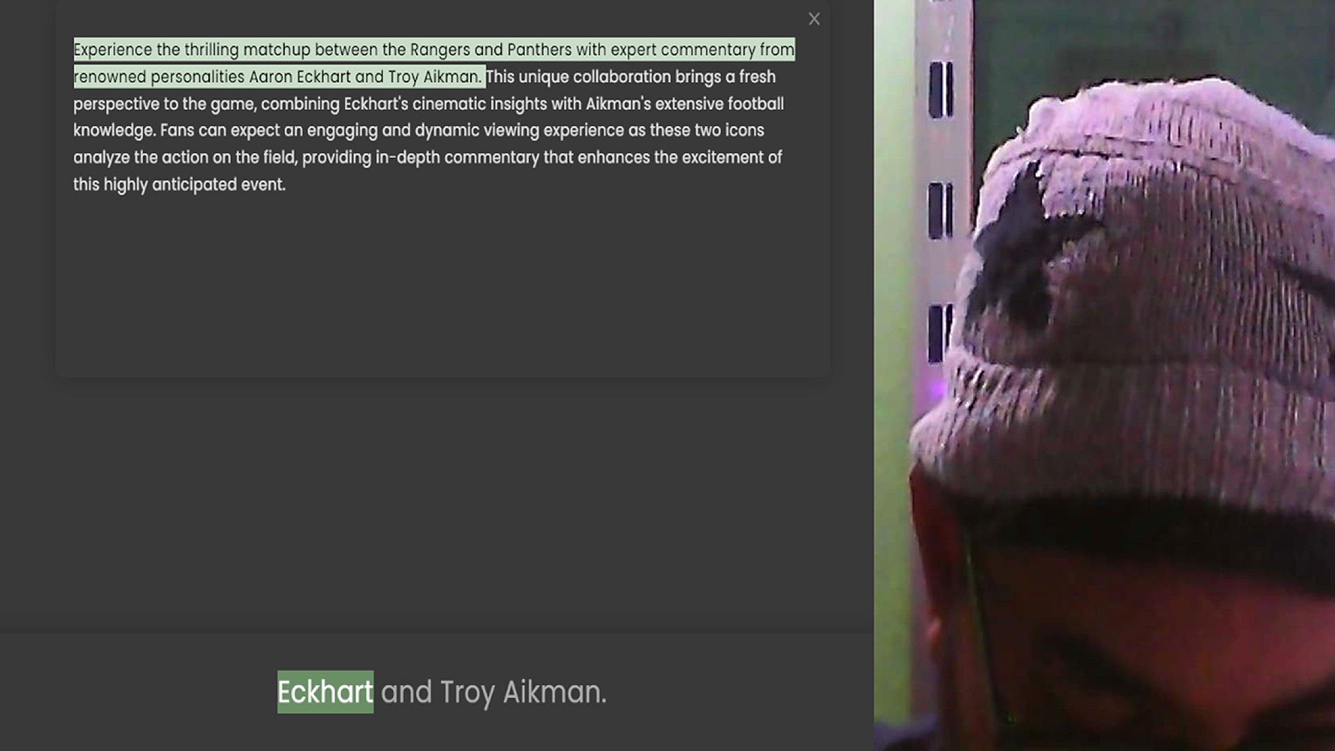 Video thumbnail for Experience the thrilling matchup between the Rangers and Panthers with expert commentary from renowned personalities Aaron Eckhart and Troy Aikman. This unique collaboration brings a fresh perspective to the game, combining Eckhart's cine