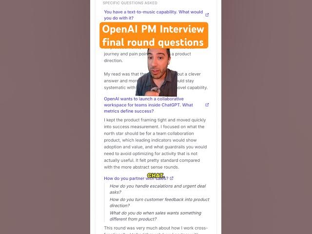 Video thumbnail for OpenAI PM Interview real questions from candidate (full at tryexponent.com/experiences) #tech #ai