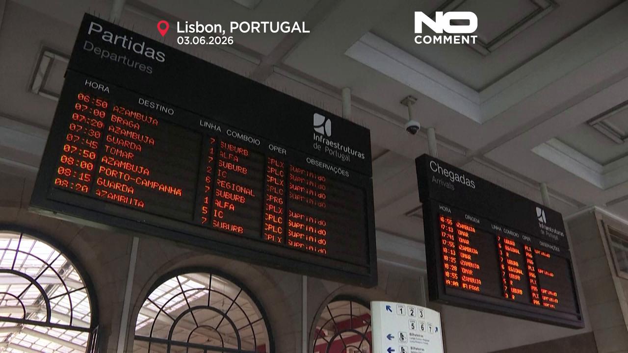 Video thumbnail for Empty stations and cancelled trains as nationwide strike hits Portugal