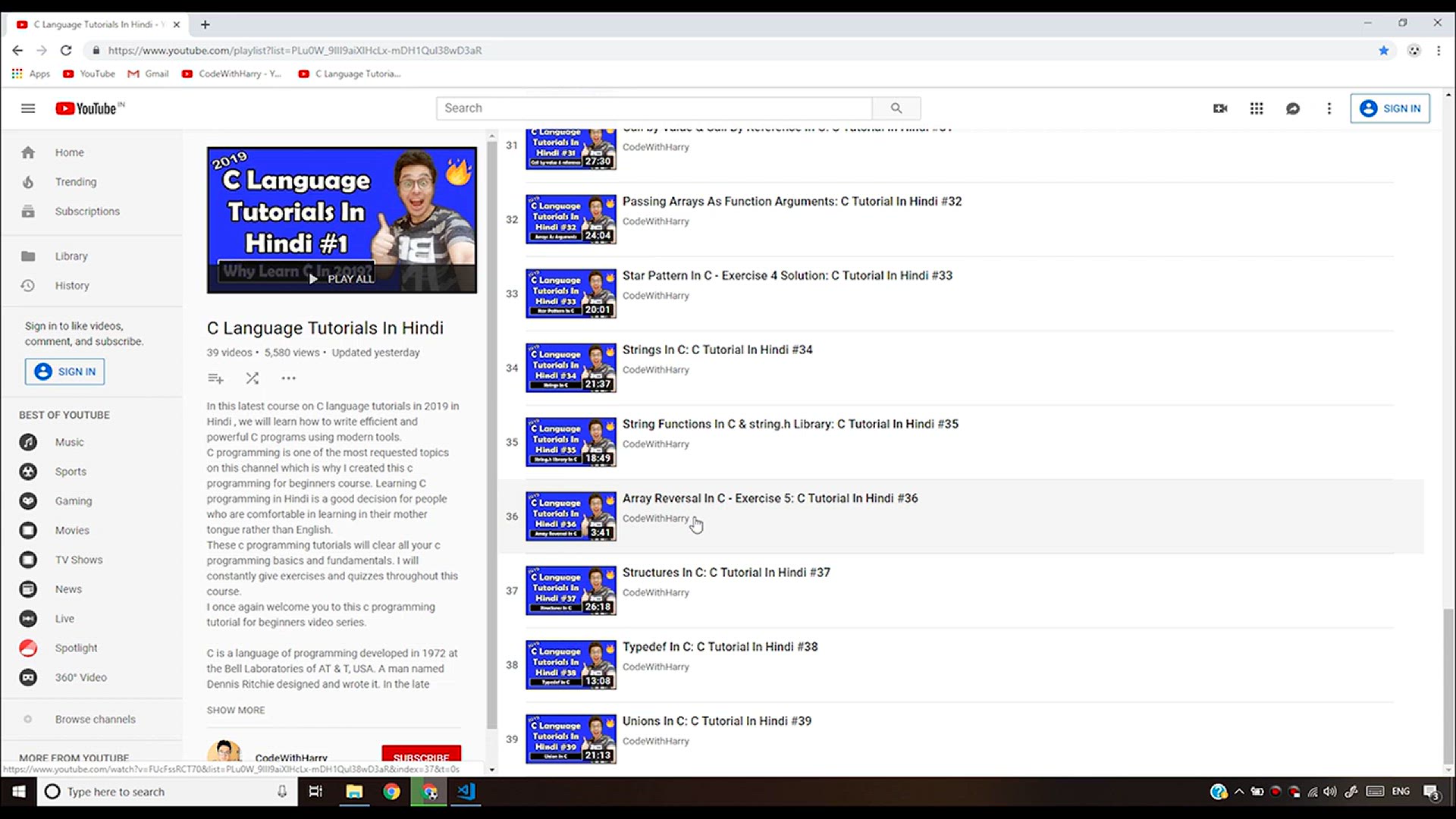 'Video thumbnail for C Language Array Reversal Exercise 5_ Solution_ C Tutorial In Hindi #40'