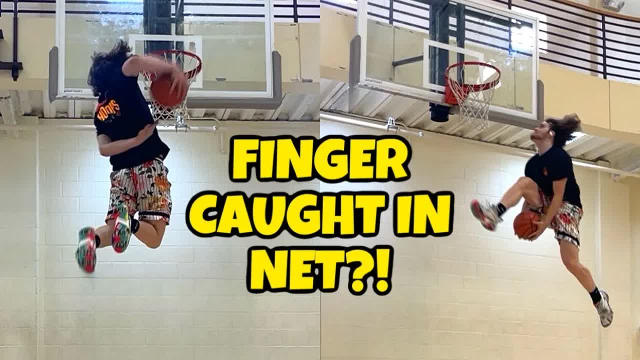 Video thumbnail for travis reynolds: 6ft dunker catches finger in net!