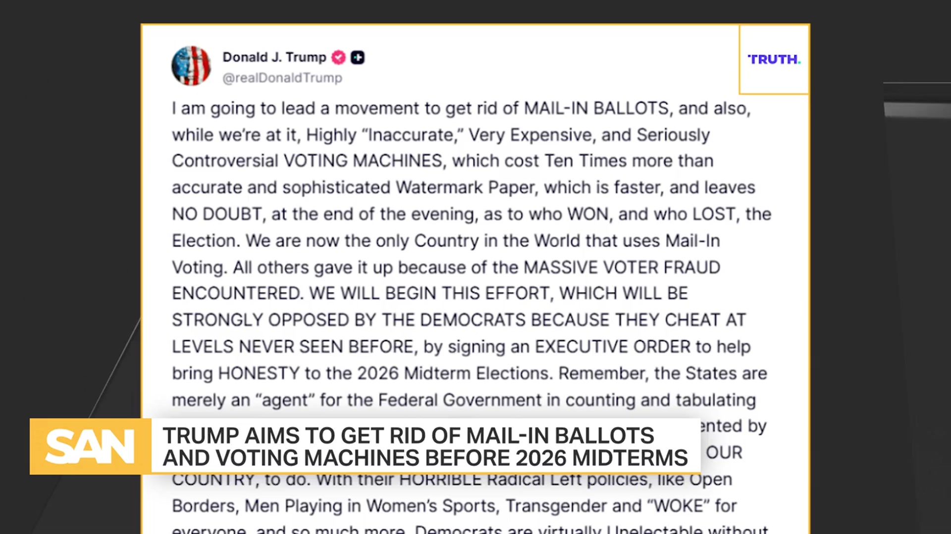'Video thumbnail for Trump vows to eliminate mail-in ballots, voting machines before 2026 midterms'