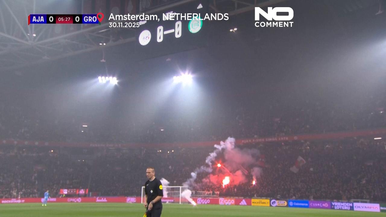 Video thumbnail for Moment fireworks force Ajax match abandonment in Amsterdam
