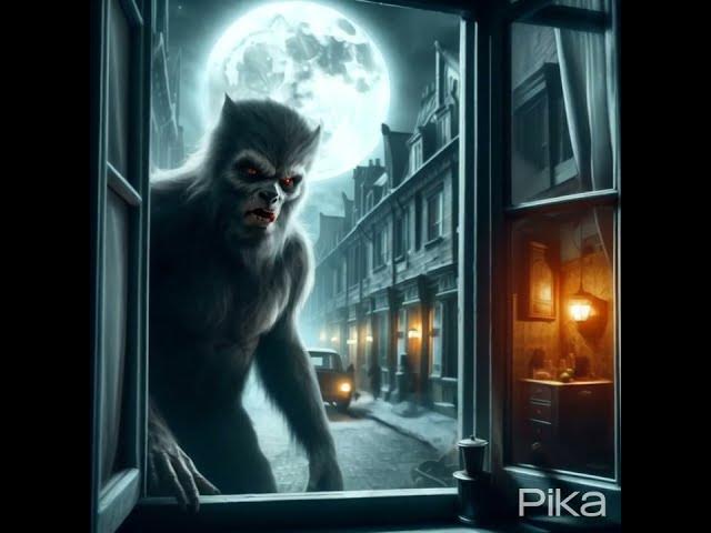 'Video thumbnail for a werewolf through the streets of a town at full moon #wolf #werewolf #horror #creepy'