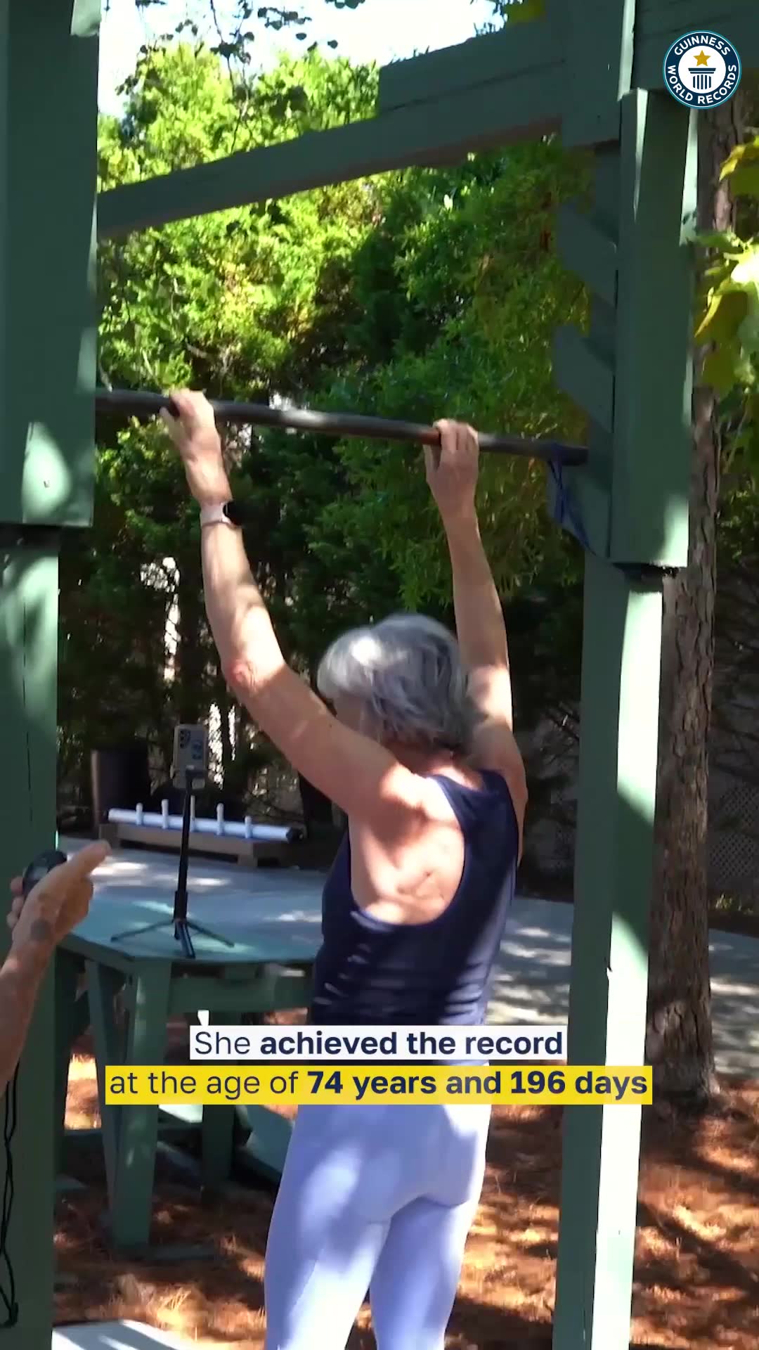 Video thumbnail for Oldest person to perform an inverted bar hang (female) - Ginny MacColl at 74 years and 196 days old