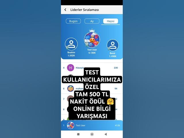 Video thumbnail for Online Bilgi Yarışması, Test kullanıcılarımıza özel harika ödül! Tam 500 TL 🤗 #onlinebilgiyarışması