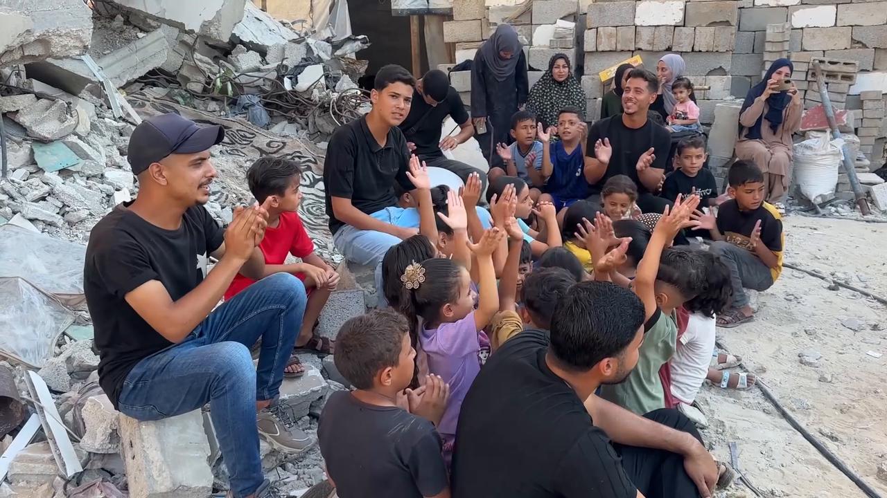 Video thumbnail for Palestinian children mark Mawlid al-Nabi amid rubble in Gaza's Khan Younis.