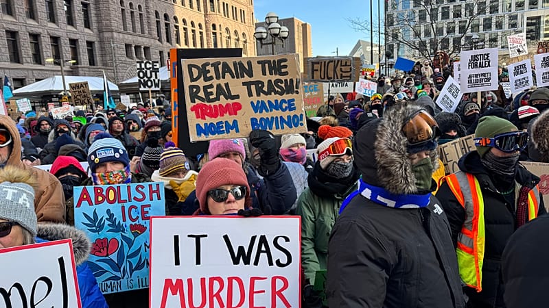 Video thumbnail for 'Tired but resolved': Minnesotans protest after second fatal ICE shooting