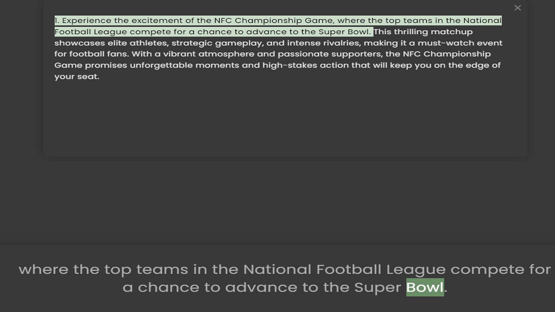 Video thumbnail for 1. Experience the excitement of the NFC Championship Game, where the top teams in the National Football League compete for a chance to advance to the Super Bowl. This thrilling matchup showcases elite athletes, strategic gameplay, and int