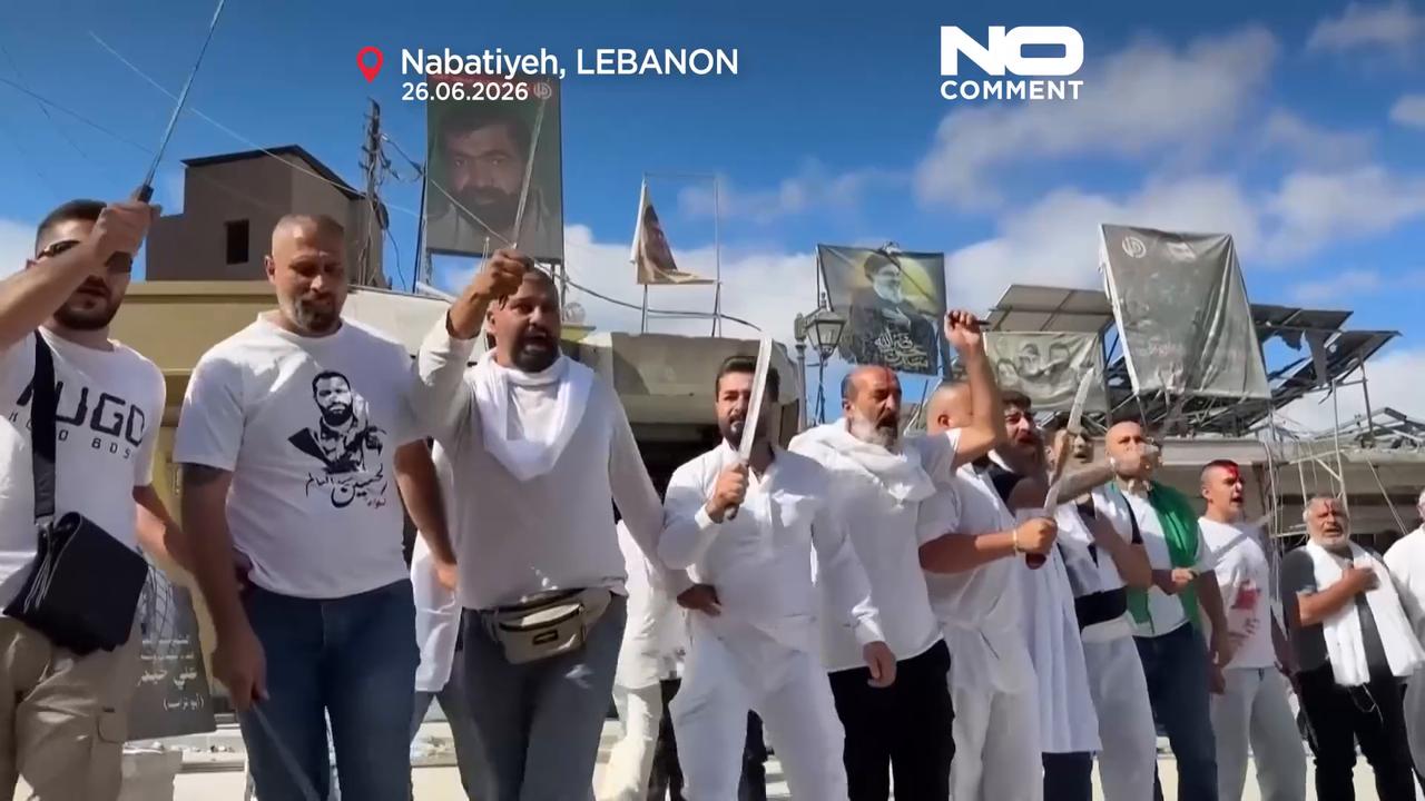 Video thumbnail for Lebanon: thousands mark Ashoura in Nabatieh amid rubble left by Israeli strikes