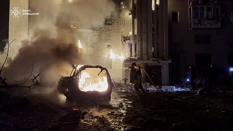 Video thumbnail for New Russian drone strikes hit Ukraine's Sumy region, residents evacuated amid fires