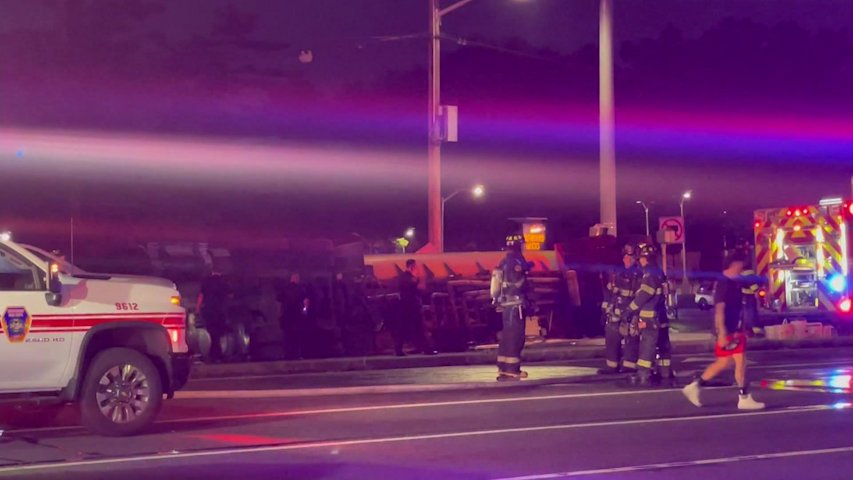 Video thumbnail for 200 gallons of gasoline believed to have spilled in Carle Place from overturned tanker