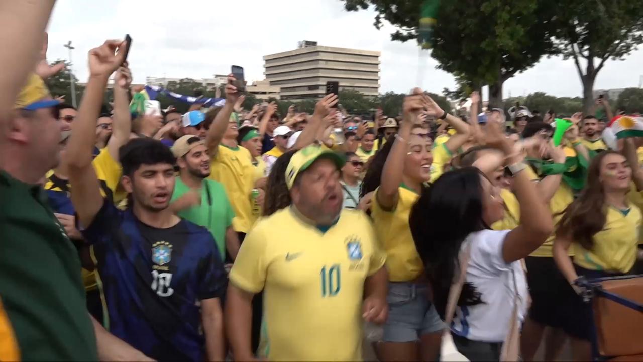 Video thumbnail for US: Football fans gather in Houston ahead of Brazil - Japan 2026 FIFA World Cup match.
