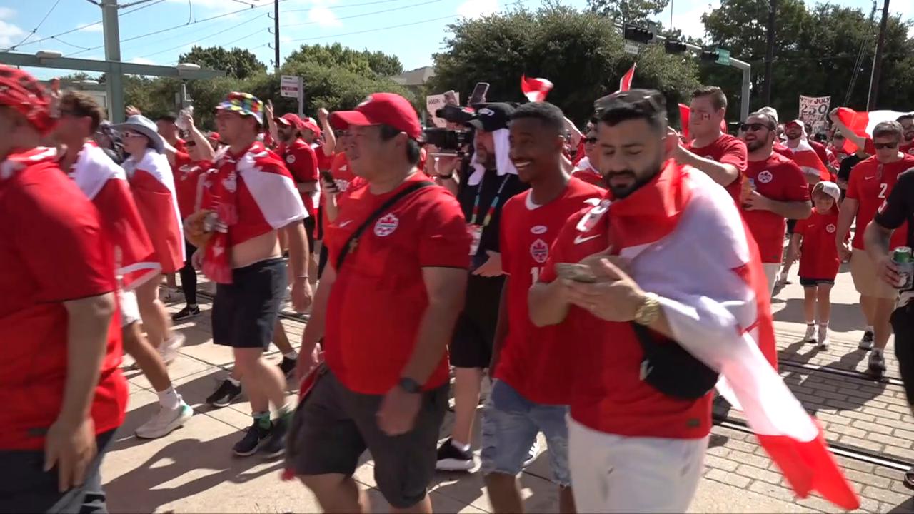 Video thumbnail for US: Fans gather outside NRG Stadium ahead of Canada-Morocco World Cup match.