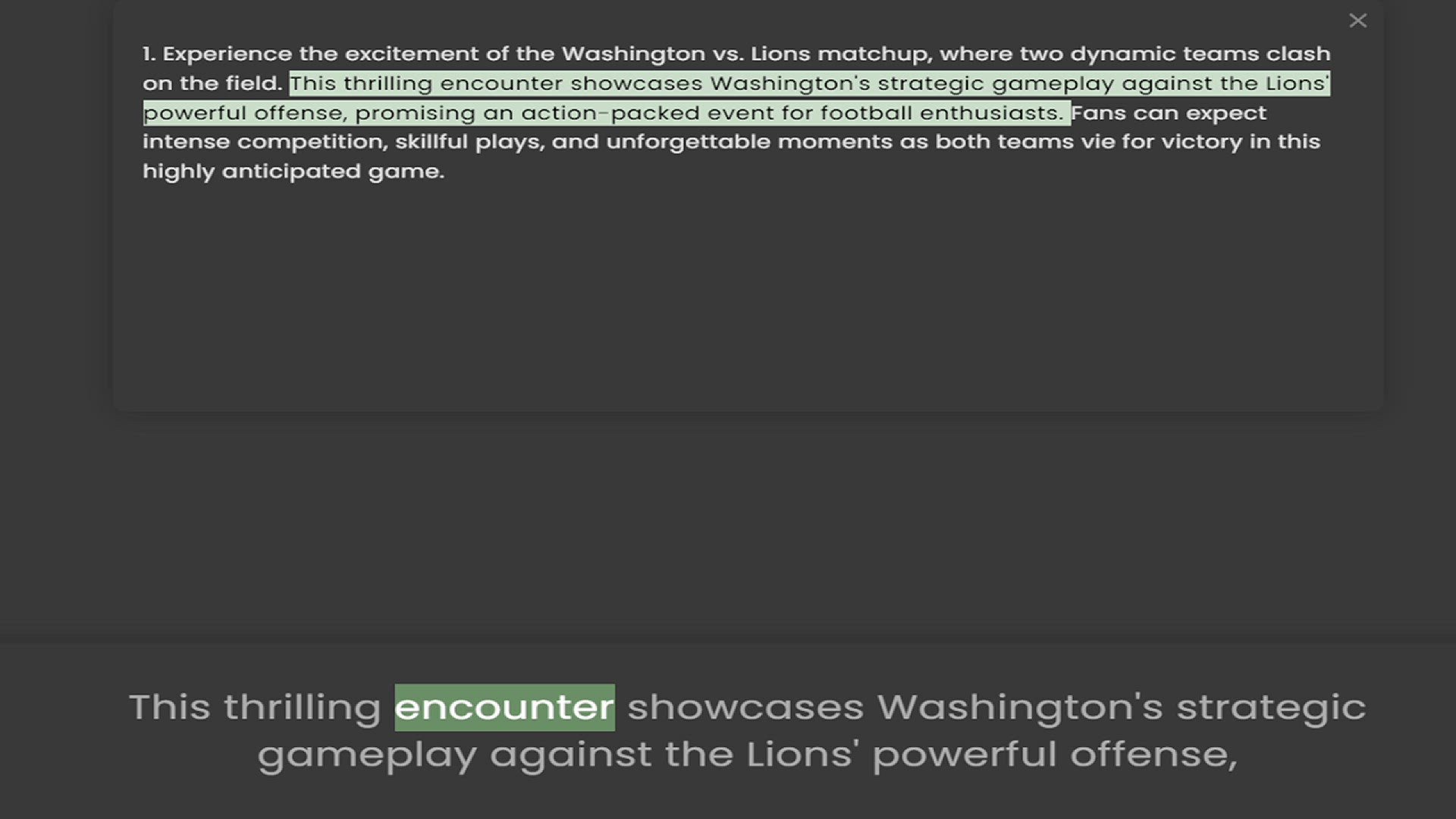 Video thumbnail for 1. Experience the excitement of the Washington vs. Lions matchup, where two dynamic teams clash on the field. This thrilling encounter showcases Washington's strategic gameplay against the Lions' powerful offense, promising an action-pack
