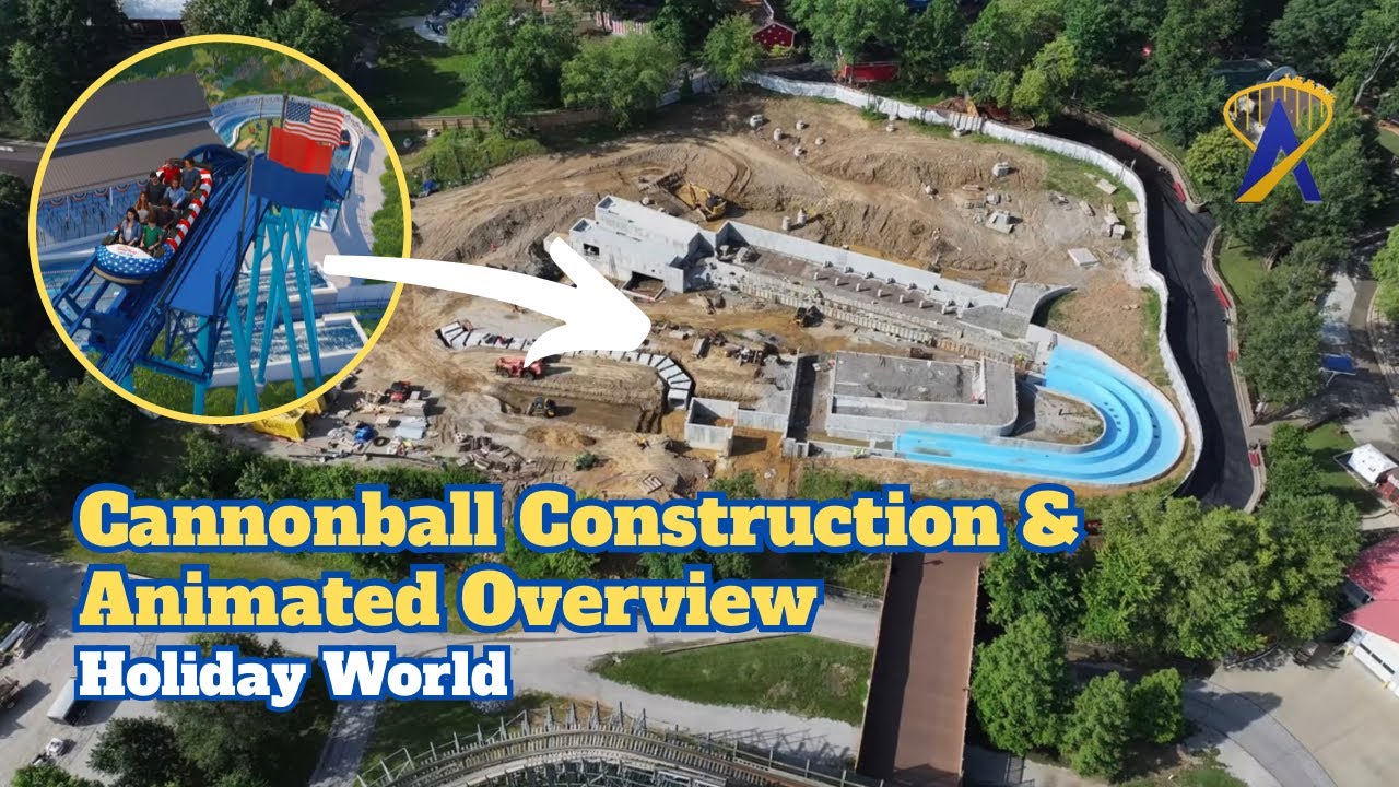 Video thumbnail for Cannonball Fly Over Construction Site and Animated Overview from Holiday World