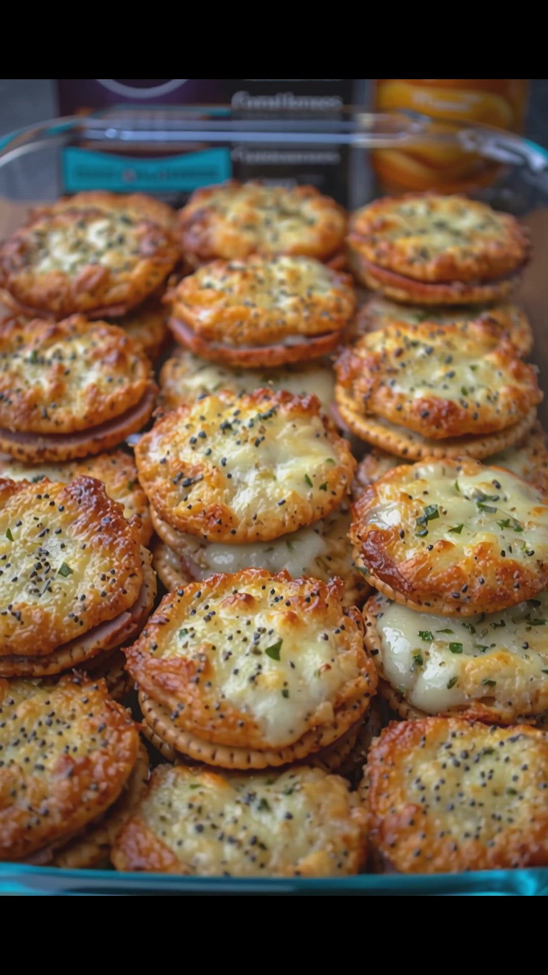 Video thumbnail for mini Ritz cracker sandwiches with ham and melted Swiss cheese