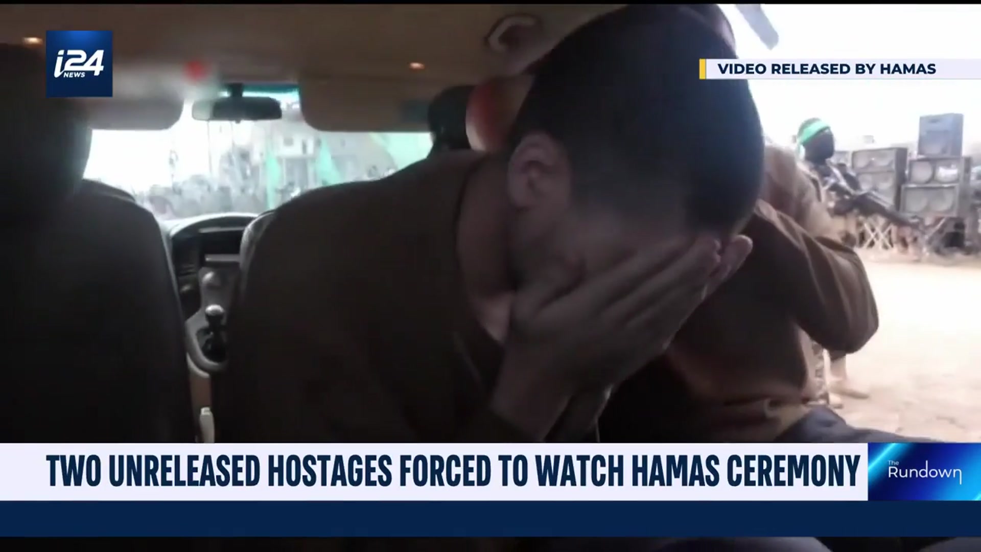 'Video thumbnail for Hostages forces to watch Hamas release ceremony'