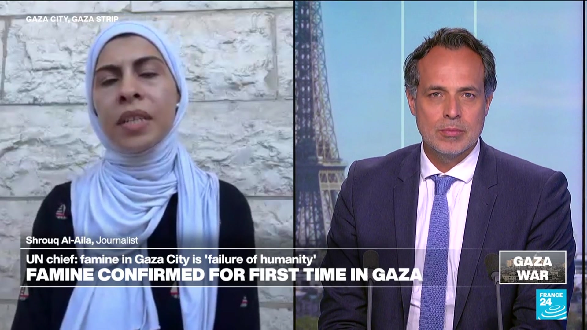 'Video thumbnail for Famine confirmed for first time in Gaza, journalist Shrouq Al-Aila speaks to France24'
