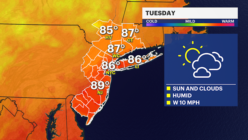 Video thumbnail for Heat & humidity linger across Brooklyn heading into Tuesday