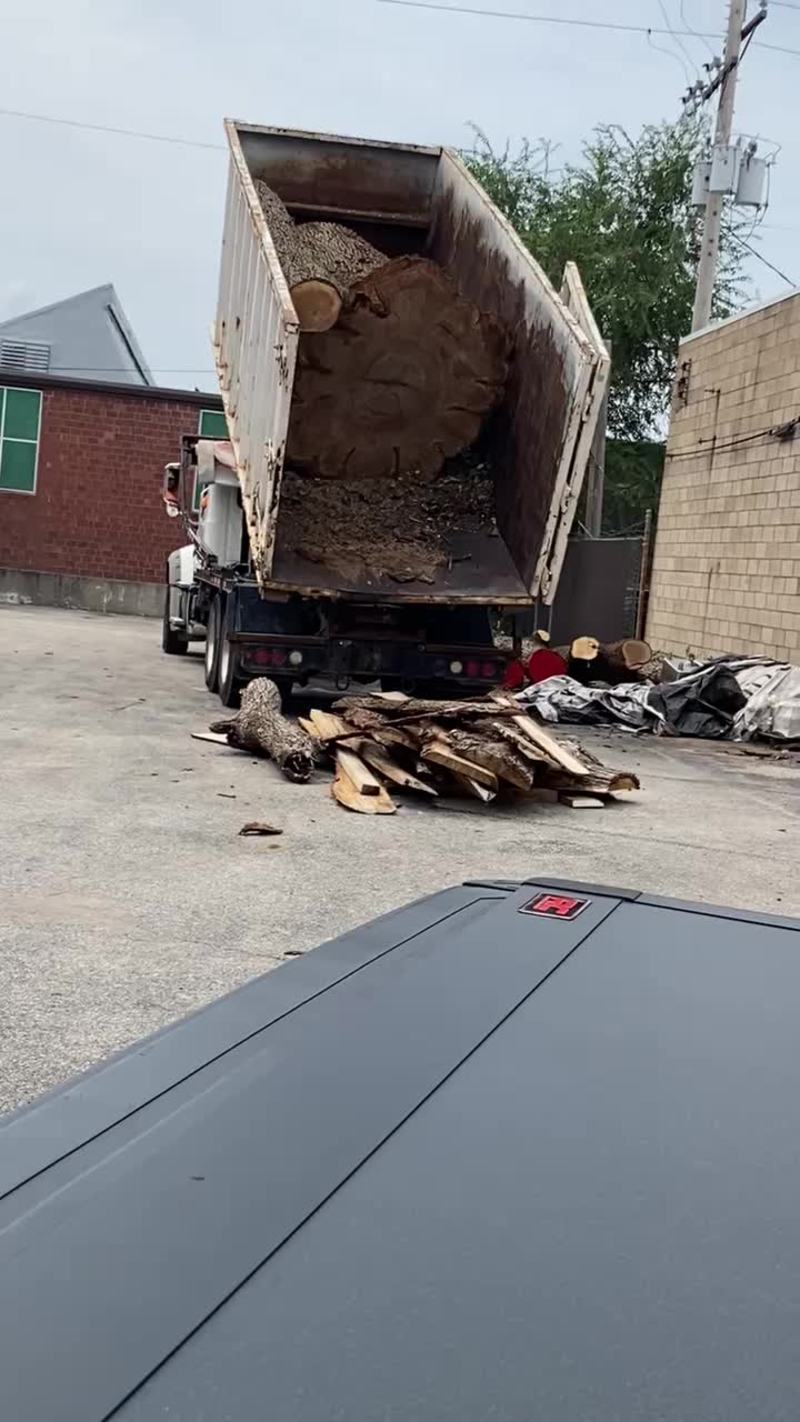Video thumbnail for Massive Burr Oak Log Drops from Dump Truck and Lands Upright